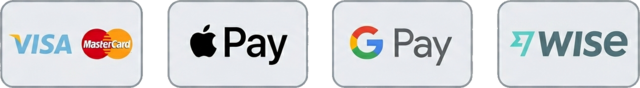 Major credit and debit cards, Apple Pay, Google Pay, Wise accepted